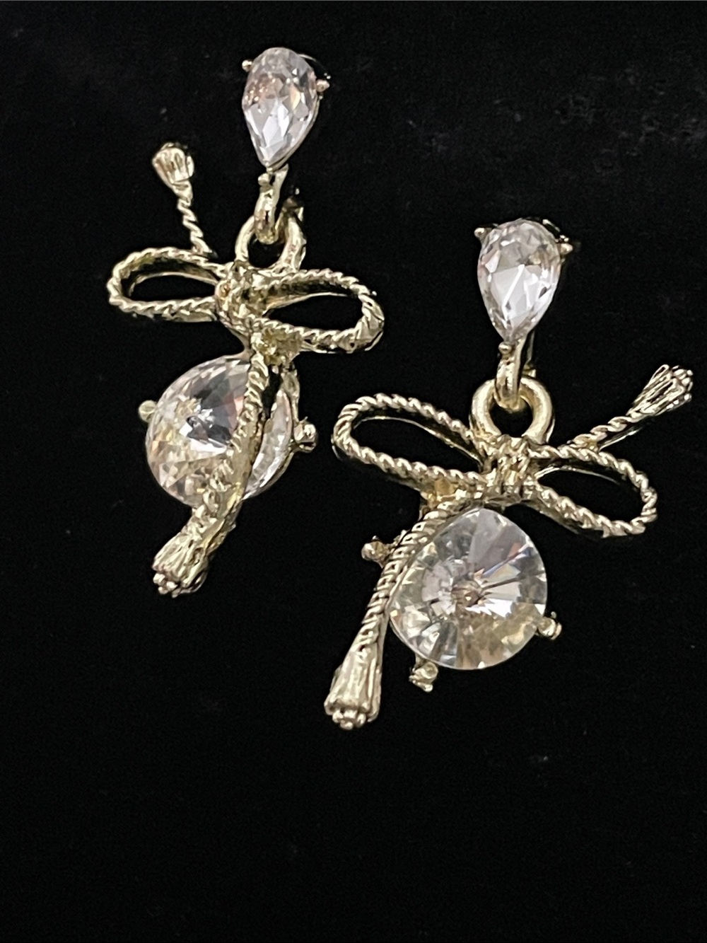Gold Bow Drop Earrings with Clear Crystal Accents